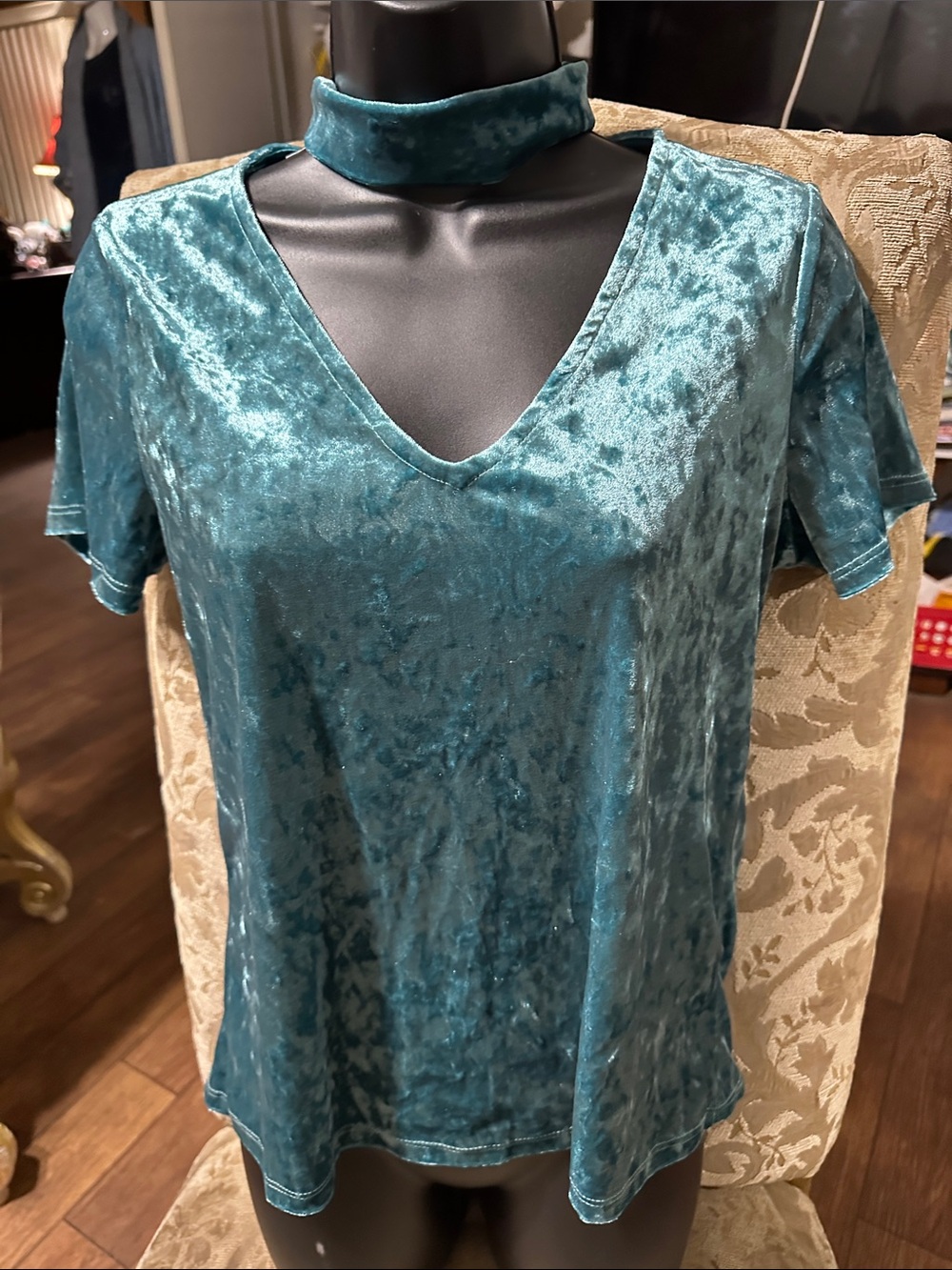 Everly Teal Crushed Velvet V-Neck Top with Attached Choker